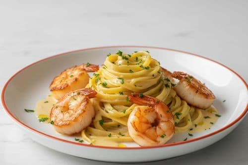 Tagliatelles aux Saint-Jacques et scampis